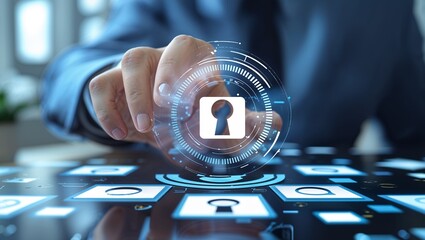 Man touching digital padlock security interface on a touchscreen device for data protection