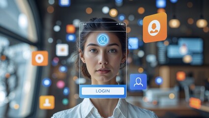 Woman using facial recognition on a mobile device with floating social media icons around her face