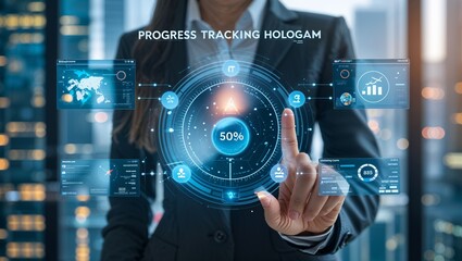 Woman interacting with a progress tracking hologram in a futuristic business setting indoors at night