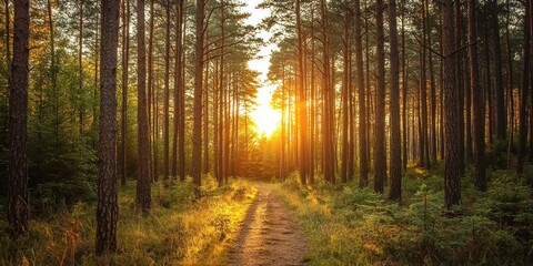 Obraz premium A sunlit forest trail surrounded by tall, perfectly aligned pine trees with golden light filtering through
