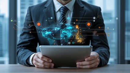 A businessman using a tablet displaying a holographic world map with data connections overlaying it