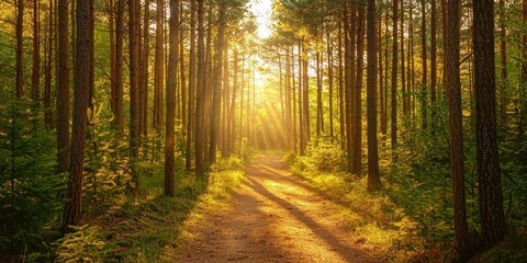 Naklejka premium A sunlit forest trail surrounded by tall, perfectly aligned pine trees with golden light filtering through
