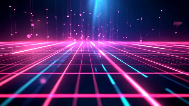 An abstract rendering shows glowing pink and blue lines creating a grid pattern fading into a dark blue background with floating orbs