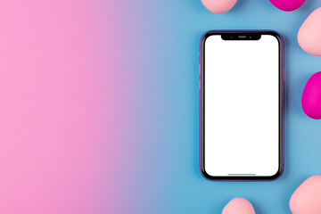 Modern phone surrounded by Easter eggs on a colorful gradient backdrop. Perfect for springtime marketing or tech promotions. Blank screen for customization.