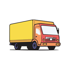 Fototapeta premium Commercial delivery truck in vibrant yellow and orange colors, stationary and angled view. Urban delivery vehicle ready for transport of goods.