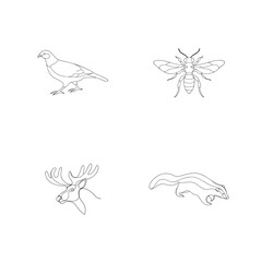 Minimalist line art illustrations of a partridge bee moose and skunk isolated on white