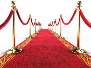 red carpet and velvet rope front view, white background on transparency background