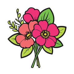 Floral bouquet illustration with vibrant pink and coral tones in a simple line art style. Arrangement of flowers with green leaves and stems against a plain white background.