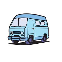 Light-blue vintage van in a simple line art style, front three-quarter view. Cartoonish representation of a vehicle with no specific location, demographic, or professional context.
