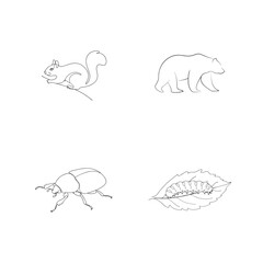 Simple black and white line art illustrations featuring a squirrel bear beetle and caterpillar.