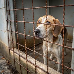 stray dog confined in a rusty cage at an animal shelter, looking sad and hungry, abandoned behind the old grid, waiting for shelter care and rescue aid	