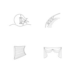 Simple line art drawings of architectural elements hourglass staircase and curtains on white