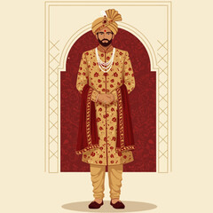 Man Standing Wearing Traditional Indian Attire with Turban and Shawl