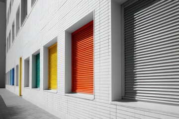 Brightly colored roller shutters providing lively accents to a plain white facade.