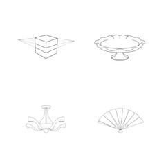 Obraz premium Detailed linear drawings of various objects including a cake stand and a hand fan