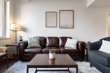Modern living room with leather furniture, open wall space for artwork, and minimalistic decor.