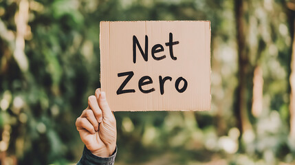 Person Holding Net Zero Sign. Environmental awareness and sustainability concept. A commitment to reducing carbon emissions.