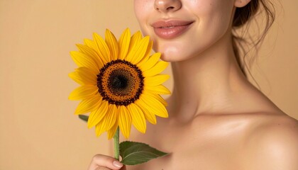 マットベージュの背景に鮮やかなひまわりを持つ白人女性の上半身クローズアップ。自然なメイクと穏やかな表情でナチュラルな美しさを表現。

