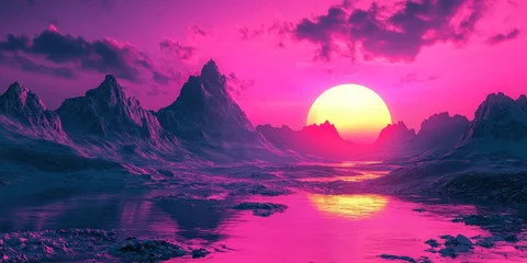 Gordijnen A surreal, neon-colored sunset over a distant, otherworldly mountain range © Soklin