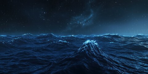 Fototapeta premium A surreal scene of a dark ocean with luminous bioluminescent waves breaking under a starry sky