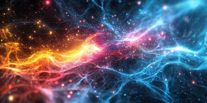 A surreal quantum landscape filled with pulsating energy and fluctuating light particles