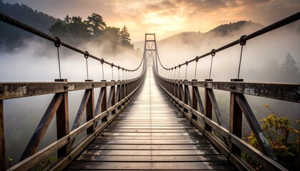 Obraz premium A Misty Morning Walk Across an Old Wooden Suspension Bridge in the Mountains