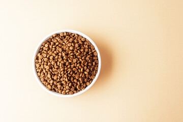 White bowl of dry dog food kibbles on beige background