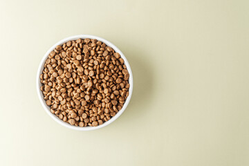 White bowl of dry dog food on beige background