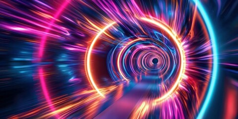 A surreal swirling tunnel of neon lights creating a mesmerizing vortex effect
