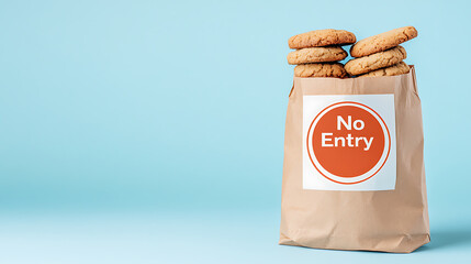 Bag of cookies with "No Entry" sticker evokes forbidden treat humor. Light blue background and sweet temptations create contrast.