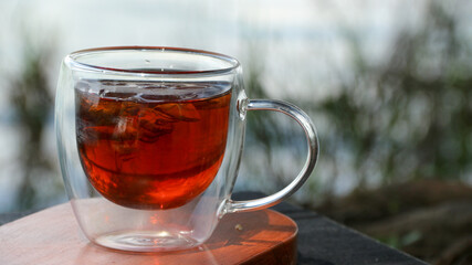A cup of iced tea and aromatics with a blurred natural garden background