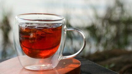 A cup of iced tea and aromatics with a blurred natural garden background