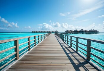 Naklejka premium Wide wooden boardwalk with railings on both sides leading over crystal clear turquoise water under sunny skies.
