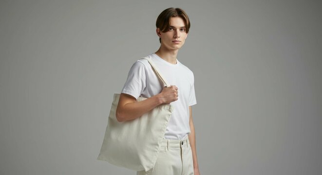 Young man in a plain white t-shirt and pants, holding a cream-colored tote bag against a neutral backdrop.