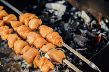 Fresh meat for barbecue, fried on fire. Selective focus. Cooking barbecue on the grill with smoke. Picnic in nature. Healthy food and proper nutrition.