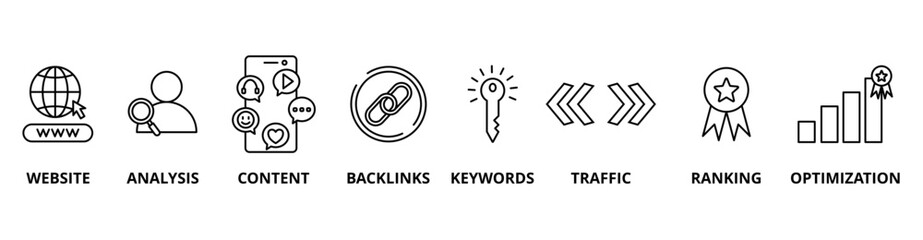 SEO icon set with website, analysis, content, backlinks, keywords, traffic, ranking, optimization