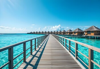 Naklejka premium Long wooden pier stretching into turquoise sea under a bright sky, offering a serene tropical travel destination.