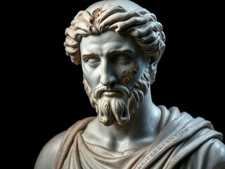 Obraz premium Ancient Greek philosopher statue with beard, marble texture, detailed face, classical art, historical, cultural, black background