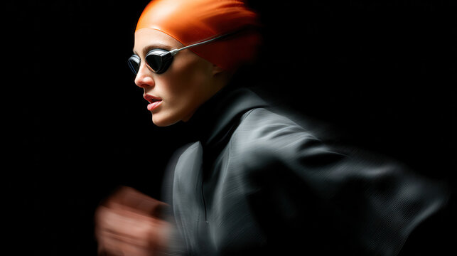 dynamic portrait of winter swimmer captured in motion emphasizing silhouette against blurred background
