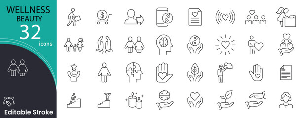 Wellness beauty related icons set. Including spa, skincare, relaxation, cream, face, treatment, natural, and selfcare. Editable stroke. outline icons.