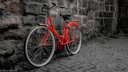 Obraz premium Red bicycle resting by a stone wall, evoking timeless urban nostalgia 