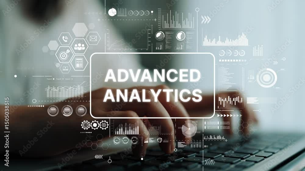 Poster advanced analytics concept with data visualization and hands on keyboard in modern workspace. asympt