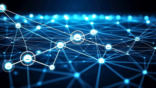 Blue network with glowing nodes connected by lines across a grid pattern representing data, communication, and relationships