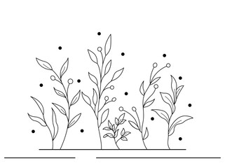 Hand-drawn wild flowers sketch set isolated on white background. Spring herbal design. Black Silhouettes Of Grass, Flowers And Herbs.