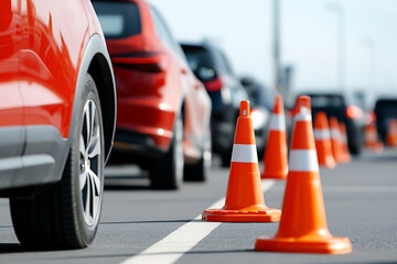 Cars line up with safety cones creating order, featuring a vibrant display of vehicle colors against a neutral backdrop. Focused organization