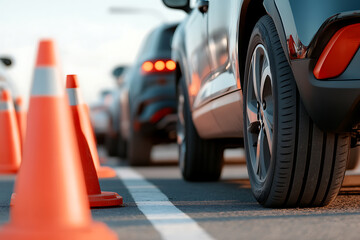 Close-up on a line of vehicles queued on a highway, marked by orange safety cones, suggesting a work zone or traffic management scenario.