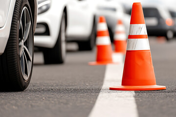 Traffic cones line up on a parking lot stripe, with vehicles parked in the background and a car tire visible in the foreground, indicating a parking safety drill.