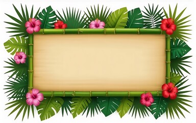 Tropical bamboo frame with hibiscus flowers and palm leaves blank sign