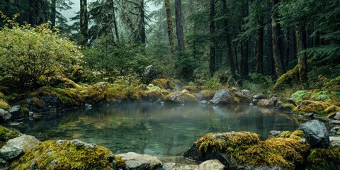A tranquil hot spring surrounded by mossy rocks and thick forest vegetation