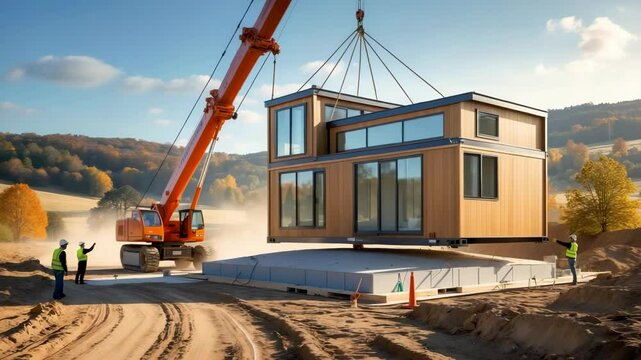 Crane lifting prefabricated modular house into place on construction foundation with workers and equipment on site